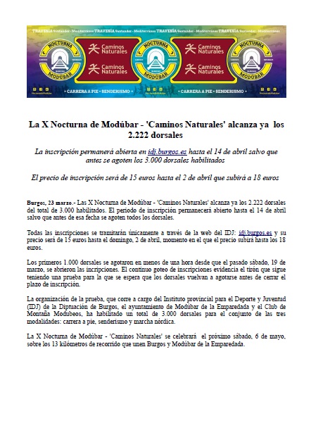 LA X NOCTURNA DE MODÚBAR- CAMINOS NATURALES ALCALZA YA LOS 2.222 DORSALES