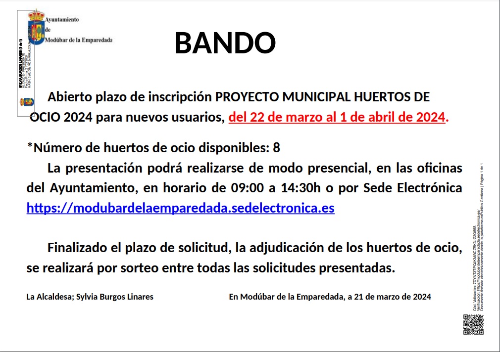 BANDO ABIERTO PLAZO INSCRIPCIÓN PROYECTO MUNICIPAL HUERTOS DE OCIO