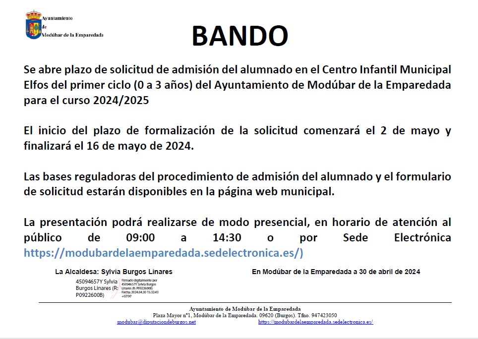 BANDO  PLAZO DE APERTURA DE SOLICITUDES DE ADMISIÓN ALUMNADO SERVICIO MUNICIPAL DE GUARDERÍA