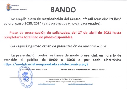 BANDO AMPLIACIÓN PLAZO MATRICULACIÓN CENTRO INFANTIL MUNICIPAL ELFOS PARA EL CURSO 2023_24 ( EMPADRONADOS Y NO EMPADRONADOS)