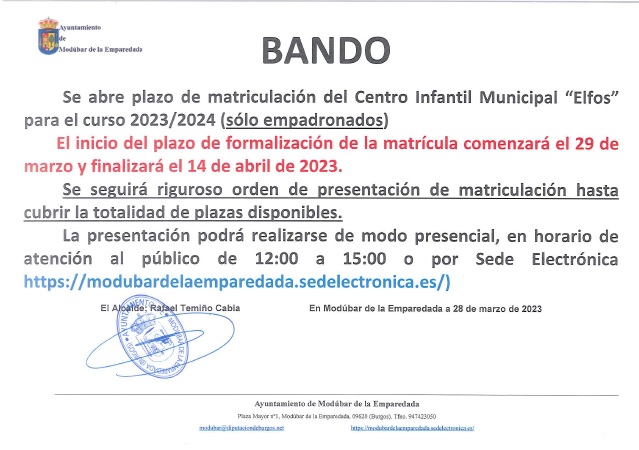 BANDO APERTURA PLAZO MATRICULACIÓN CENTRO INFANTIL MUNICIPAL "ELFOS" PARA EL CURSO 2023/2024 (SÓLO EMPADRONADOS)