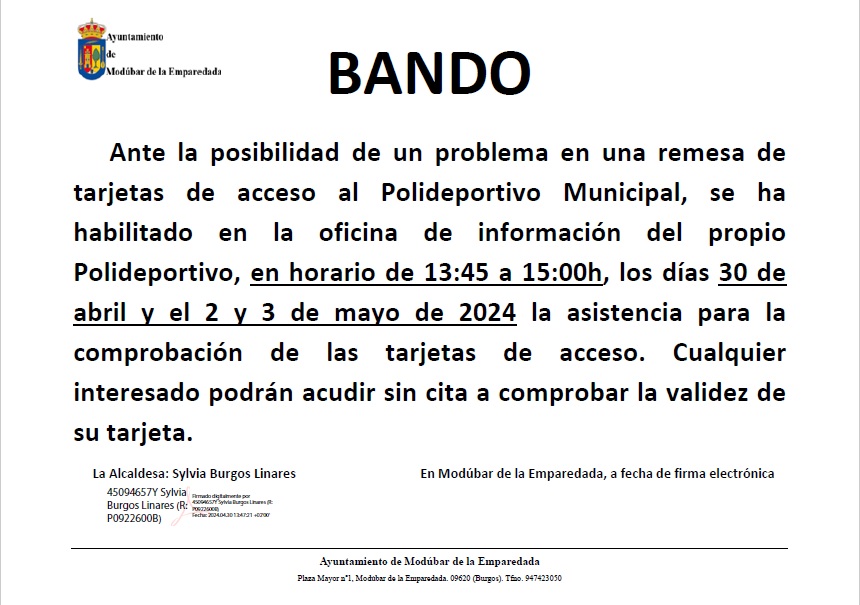 BANDO COMPROBACIÓN VALIDEZ TARJETAS DE ACCESO AL POLIDEPORTIVO