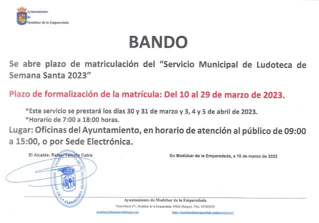 BANDO APERTURA PLAZO DE MATRICULACIÓN DEL SERVICIO MUNICIPAL DE LUDOTECA DE SEMANA SANTA 2023