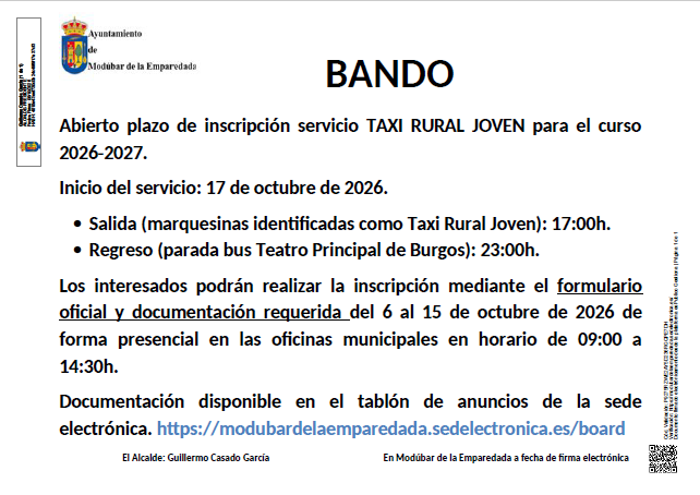 INICIO DEL PLAZO DE INSCRIPCIÓN SERVICIO MUNICIPAL "TAXI RURAL JOVEN" DE MODÚBAR DE LA EMPAREDADA"