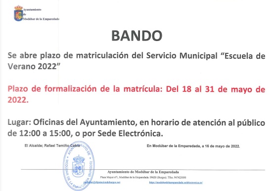 BANDO INICIO PLAZO DE MATRICULACIÓN DEL SERVICIO MUNICIPAL ESCUELA DE VERANO 2022