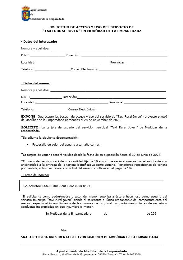 FORMULARIO SOLICITUD SERVICIO TAXI RURAL JOVEN